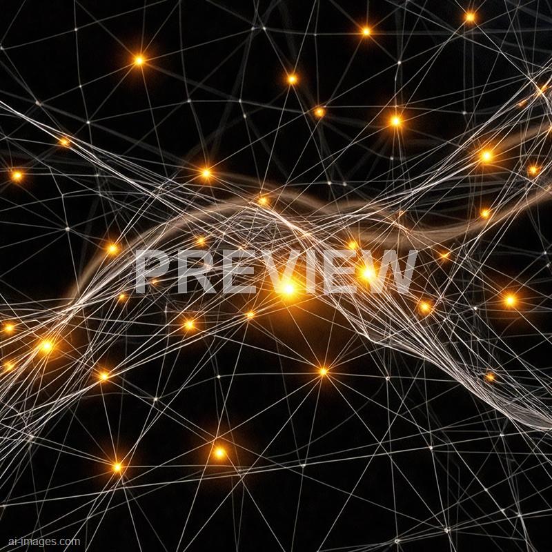 The image depicts a complex network of glowing orange and white points interconnected by thin, wispy lines against a black background. The pattern resembles a digital or neural web, with some points radiating brighter and larger, suggesting focal points or nodes within the network. The overall impression is of an abstract, high-tech visualization of connectivity or data flow.
